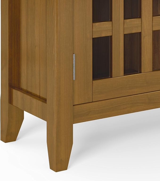 SIMPLIHOME Bedford Storage Cabinet - 32 inch Wide Solid Wood Low Media Cabinet in Light Golden Brown, Transitional Console for Living Room, Entryway, or Dining Room with Glass Doors and Shelves