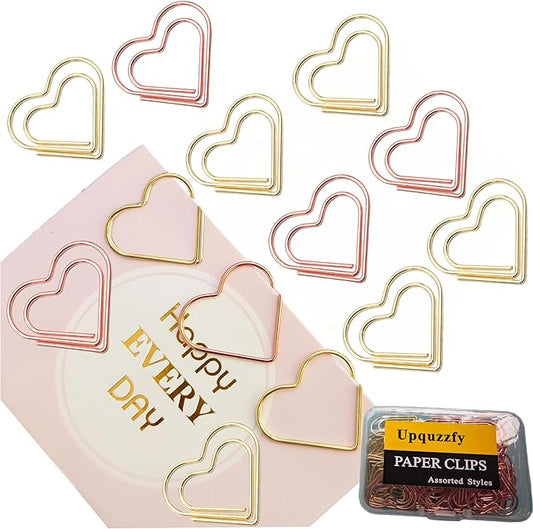 Metal Heart Paper Clips Set-50 Pcs Gold Paperclips- Cute Decorative Office & School Supplies, Ideal for Wedding & Parties Decor (Heart)