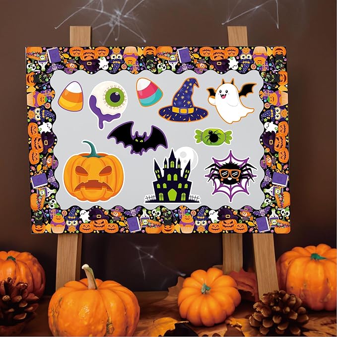 81 Pcs Happy Halloween Cutouts for Bulletin Board Decor Set with Border- Halloween Themed Pumpkin Spider Ghost Witch Paper Cut-Outs Wall Decals for Kids Teacher Classroom School Party Supplies