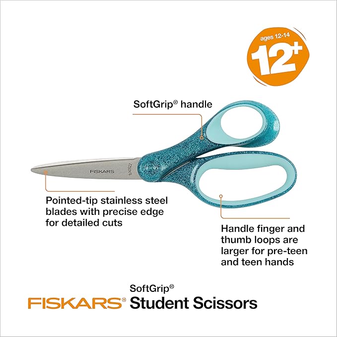 Fiskars 7" SoftGrip Student Glitter Scissors for Kids 12+ - Scissors for School or Crafting - Back to School Supplies - Turquoise Glitter (Pack of 1)
