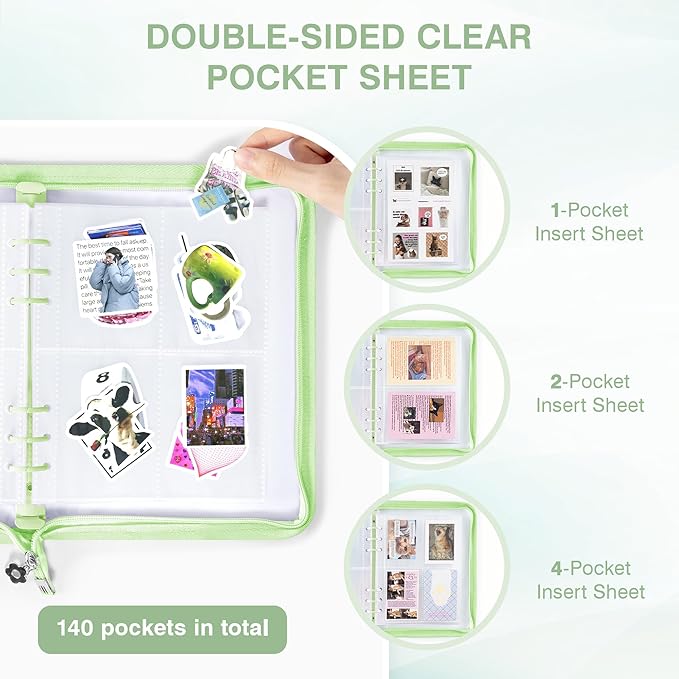 Ospelelf Sticker Organizer Binder Storage Display Book, Includes Clear Pockets, Release Paper, 6 Ring Stickers Holder Binders Essential for Scrapbook Planner Enthusiasts, Green