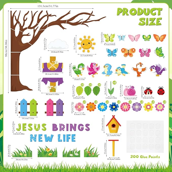 Pajean 112 Pcs Religious Bulletin Board Decorations Classroom Christian Flower Tree Bulletin Board Set Jesus Brings New Life Cutout Bible Vbs Craft for Summer Classroom Sunday School Church Supplies