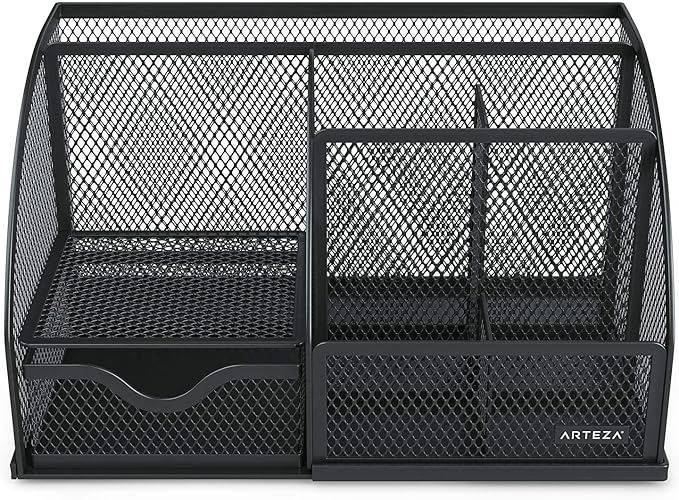 Arteza Mesh Metal Office Desk Organizer with Drawer, 6-Compartment Multi-Functional Design Holds Office Supplies & Accessories Like Pens, Pencils, Notes, Staplers & Scissors (Black)
