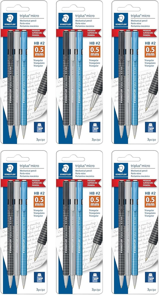 STAEDTLER Triplus Micro Mechanical Pencils (#2) 0.5mm lead, Retractable with Twist Eraser, Ergonomic Triangular Grip for Writing, Drawing & Drafting, 3-Pack (18)