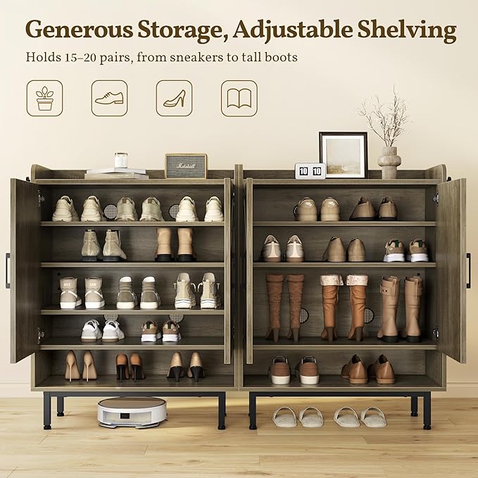 Yaheetech Shoe Storage Cabinet with Doors, Farmhouse Shoe Cabinet with 2 Adjustable Shelves and 4 Side Hooks, Wooden Shoe Rack Organizer Cabinet for Entryway, Foyer, Hallway, Washed Gray