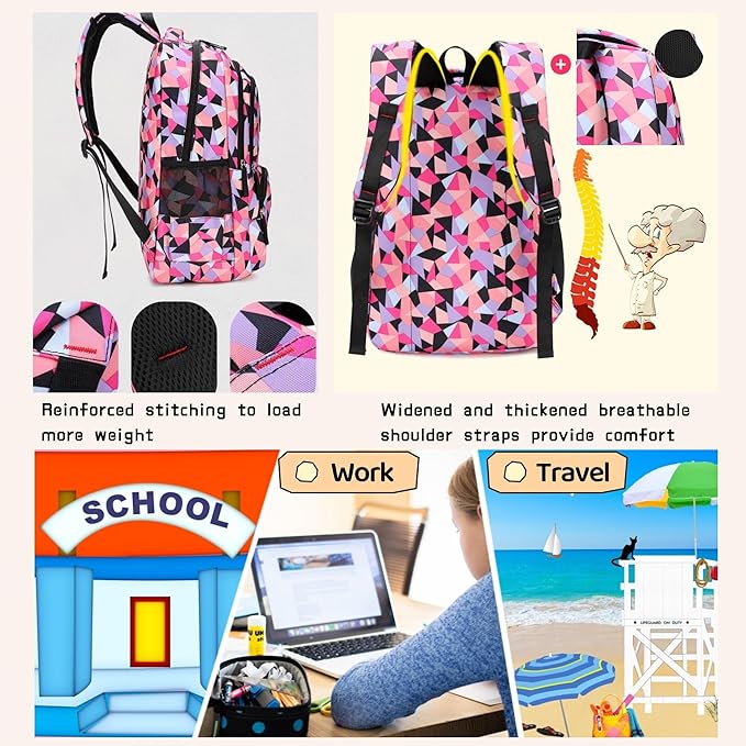 3Pcs Geometric Print Kids Backpack Set for Girls with Lunchbag, Purple Girls Backpack Elementary Middle School Bag Bookbag