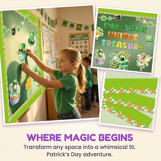 Fancy Land St. Patrick's Day Bulletin Board Set for Classroom Decorations Irish Shamrock Rainbow Gold Coin Pot Cutouts for Chalkboard Home Office Wall Door Decor 69Pcs