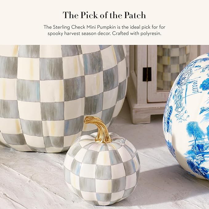 MACKENZIE-CHILDS Mini Decorative Pumpkin for Fall Decor, Autumn Decorations for Home, Gray-and-White Sterling Check