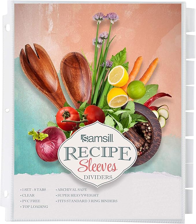 Samsill 8 Tab Recipe Dividers, Recipe Sleeves, Sheet Protector Dividers, with Tab Inserts, Clear, Super Heavyweight, Top Loading, 3 Hole Punched for Standard Letter Size Binders, Archival Safe