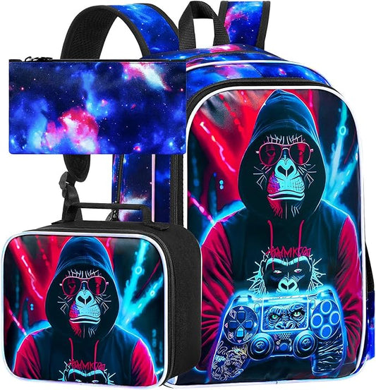gxtvo 3PCS Game Backpack for Kids, 17" Boys Gorilla Bookbag with Lunch Box, Water Resistant Middle Elementary School Bag - Gaming Gorilla
