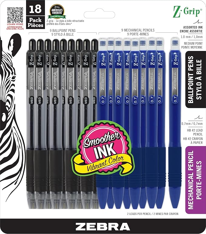 Zebra Pen Z-Grip Writing Set, Retractable Ballpoint Pens and Mechanical Pencils, Medium Point, #2 HB Lead Pencils, Black Ink, School Supplies, Ideal for Note-Taking and Journaling, 18-Pack (24218)