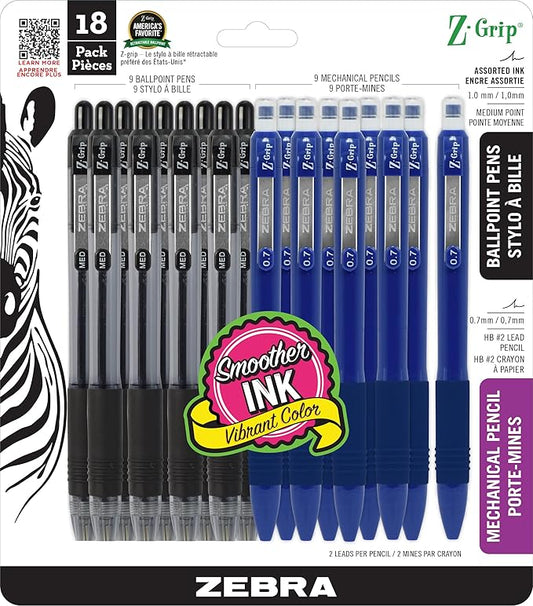 Zebra Pen Z-Grip Writing Set, Retractable Ballpoint Pens and Mechanical Pencils, Medium Point, #2 HB Lead Pencils, Black Ink, School Supplies, Ideal for Note-Taking and Journaling, 18-Pack (24218)