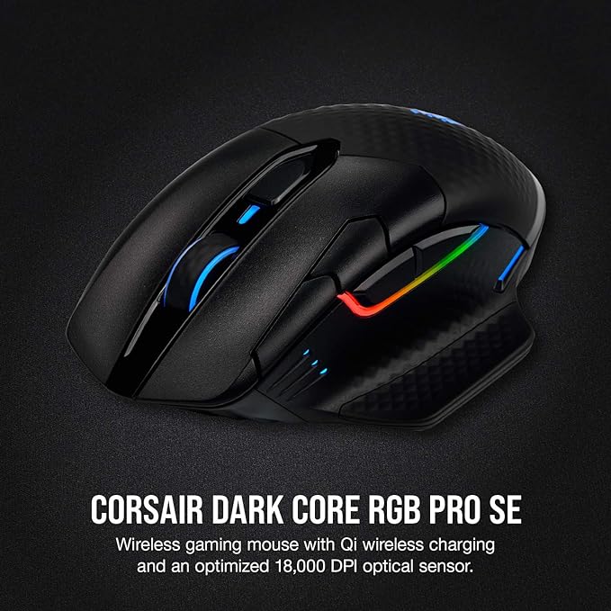 Corsair Dark Core RGB Pro SE, Wireless FPS/MOBA Gaming Mouse with Slipstream Technology, Black, Backlit RGB LED, 18000 DPI, Optical, Qi Wireless Charging Certified (Renewed)