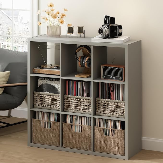 Furinno Cubicle Record Player Stand with Vinyl Storage, 9-Cube 1.2 Extra Thick Vinyl Record Storage, Open Back Media Shelf for CD DVD Blueray Game Disc, for Living Room, Home Office, Light Grey