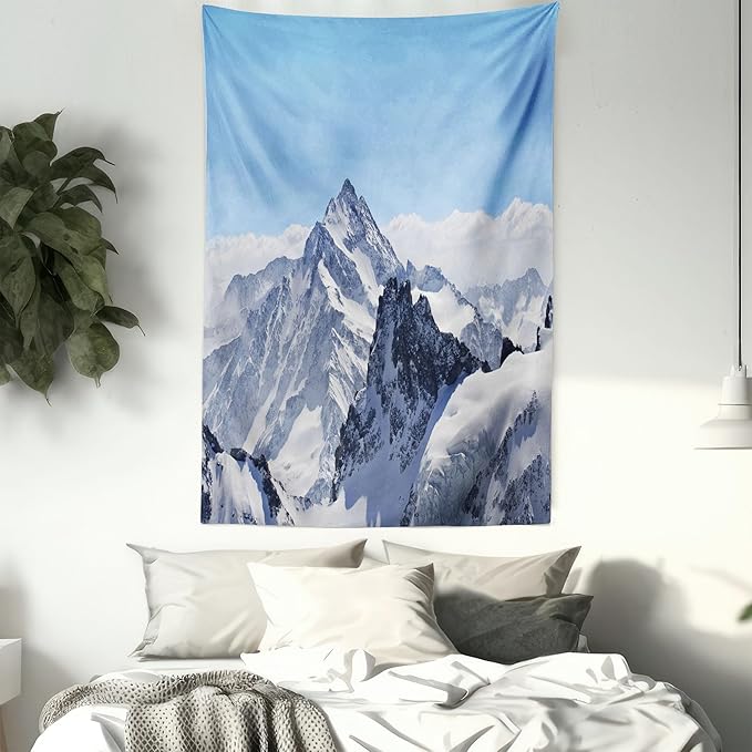 Ambesonne Winter Tapestry, Snowy Rocky Mountain Peaks Tops Scene High Lands ICY Frozen Swiss Outdoor Art, Wall Hanging for Bedroom Living Room Dorm Decor, 60" X 80", Blue and White