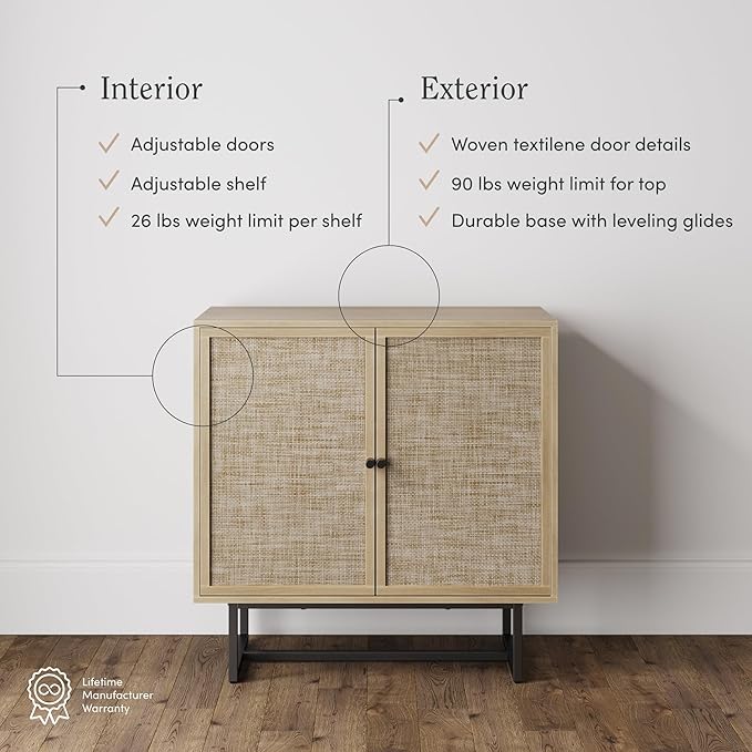 Nathan James Kova Rattan Wood Accent Sideboard Storage Cabinet TV Stand with Matte Metal Frame, Adjustable Shelves and Cane Doors, for Hallway, or Living Room, Light Oak/Cane/Black, Set of 3