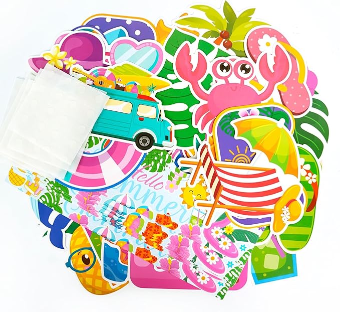 73 Pcs Hello Summer Cutouts for Bulletin Board Decorations - Hawaiian Tropical Paper CutOuts Summer Pool Beach Bulletin Board Border Wall Decals for Kids Teacher Supplies Classroom School Kindergarten