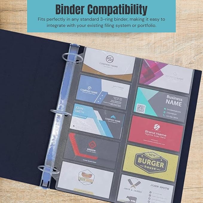 Business Card Sleeves for 3 Ring Binders, Heavy Duty Clear Page Protectors, Plastic Card Holder Sheets, 10 Pack, 20 Cards Per Sheet