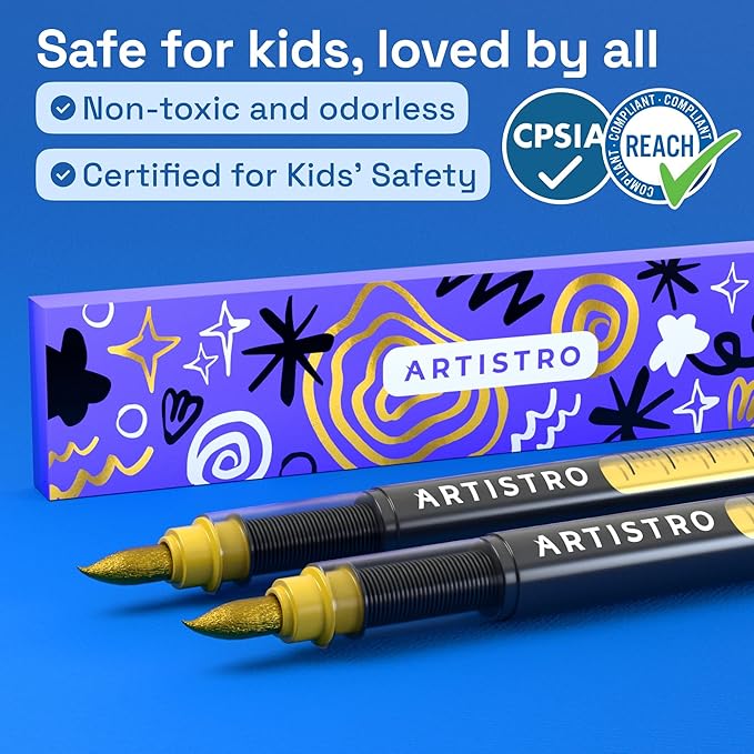 ARTISTRO 2 Gold Acrylic Paint Markers - Brush Tip Paint Pens with Automatic Ink Control System for Rock, Egg, Wood, Fabric, Glass - Perfect for Crafting, Art Projects, & More