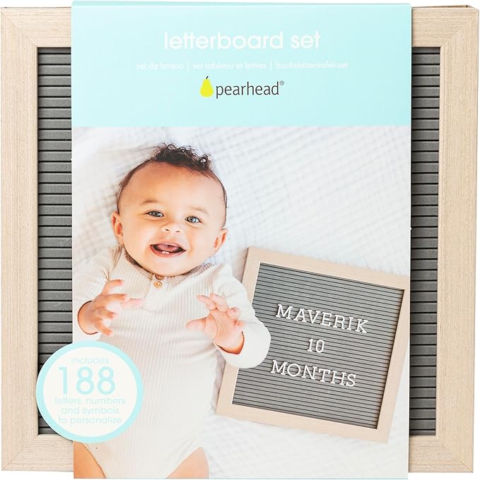 Pearhead Felt Wooden Letterboard Set - Ideal Photo Sharing Prop for Baby Announcements, Milestone Keepsake, Custom Message Board and Shower Gift - Includes 188 Letters, Numbers, and Symbols - Gray