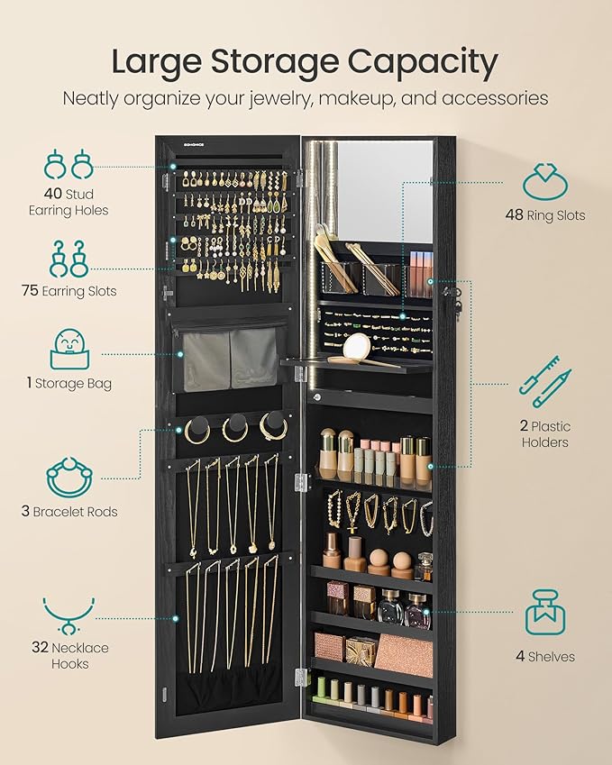 SONGMICS 55 Inches Tall Spacious Jewelry Cabinet, Jewelry Armoire with Light-Up Interior Mirror, Wall or Door Mounted Jewelry Storage Organizer, Lockable, Gift Idea, Black UJJC032BZ01