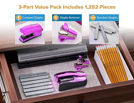 Bostitch Office Heavy Duty 40 Sheet Stapler with 1250 Staples & Claw Remover, Small Stapler Size, Fits into The Palm of Your Hand, Value Pack, Metallic Purple (B175-PURPLEM-VP)