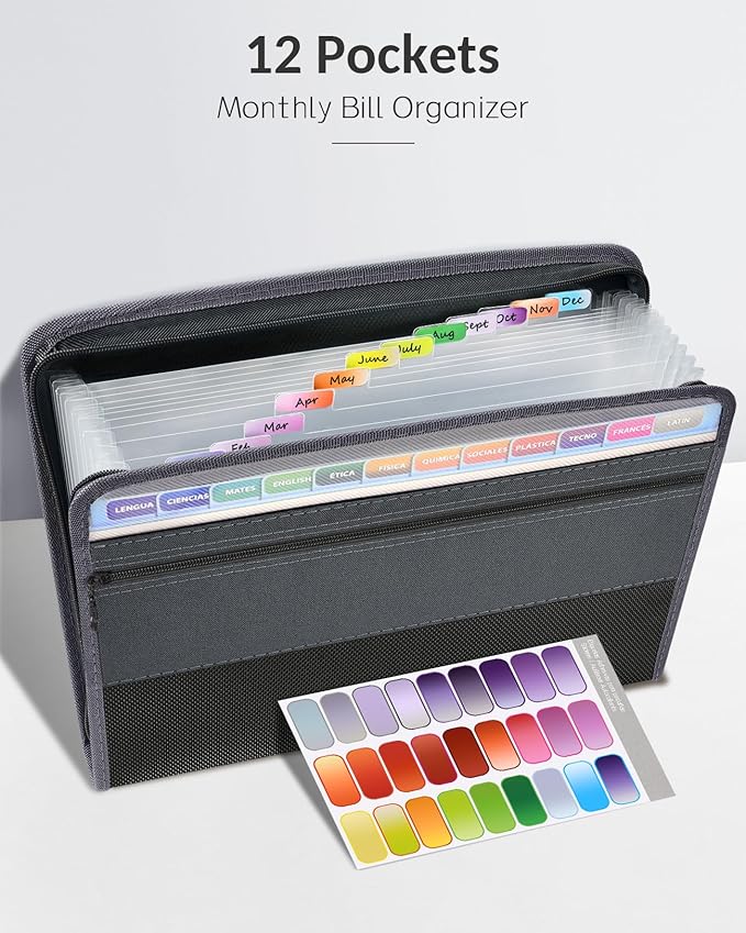 Sooez Accordion File Organizer with Safe Zipper, 12 Pocket Expanding File Folder with Front Pencil Pouch, Portable Monthly Paper Bill Tax Receipt Organizer, School Office Supplies, Letter Size, Orange