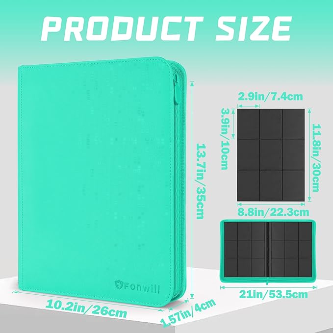 9 Pocket Card Binder, Premium Zip Trading Card Binder, 360 Double Sided Pocket PU Collection Binder, Collector Album, Card Folder for MTG, TCG, Sports Cards, (Cyan)