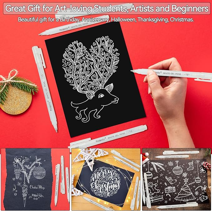 PANDAFLY White Gel Pens, 1 mm Extra Fine Point Gel Ink Pens, Opaque Archival Ink Pens for Black Paper Drawing, Sketching, Card Making, White Gel Pen for Art Highlight & Artists Drawing, 5 Pack