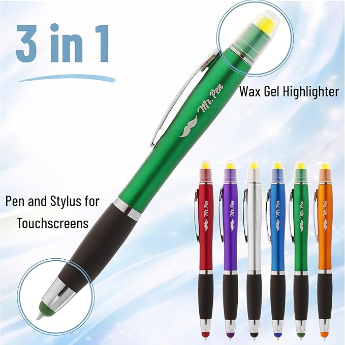 Mr. Pen- Bible Highlighter with Pen and Stylus for Touchscreens, 3 in 1, 6 Pack, Colorful Barrels, Black Ink Ballpoint Ink Pens, Yellow Wax Gel Highlighters