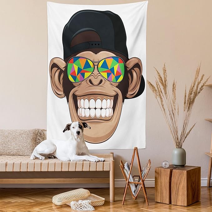 Ambesonne Cartoon Tapestry, Fun Hipster Monkey with Colorful Sunglasses and Hat Rapper Hippie Ape Art, Fabric Wall Hanging Decor for Bedroom Living Room Dorm, 30" X 45", White Brown