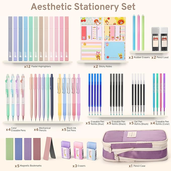 62PCS Aesthetic Stationery Set with Pencil Case, No Bleed Highlighters, Gel & Erasable Pens, Mechanical Pencils, Refills, Cute Supplies for Note Taking, Journaling & Bible Study, Purple