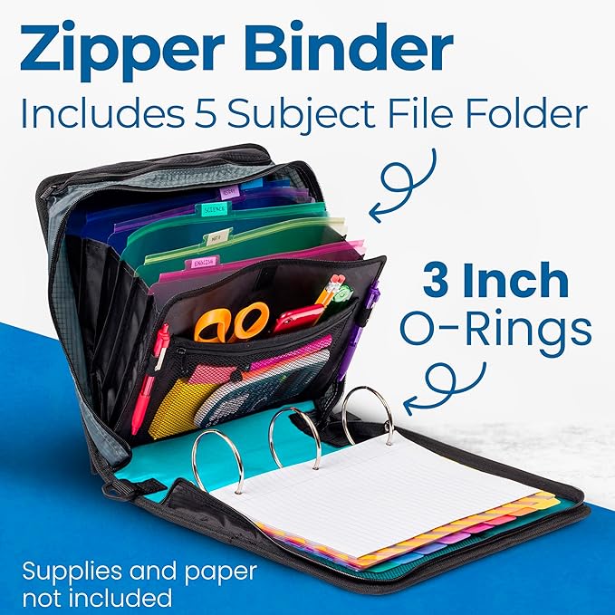 Case-it Mighty Zip Tab School Zipper Binder | 3-Inch O-Rings, 600-Sheet Capacity, 5-Subject Expanding File Folder, Multiple Pockets & Storage Organizer, Shoulder Strap | D-146 Spearmint | 6 Pack