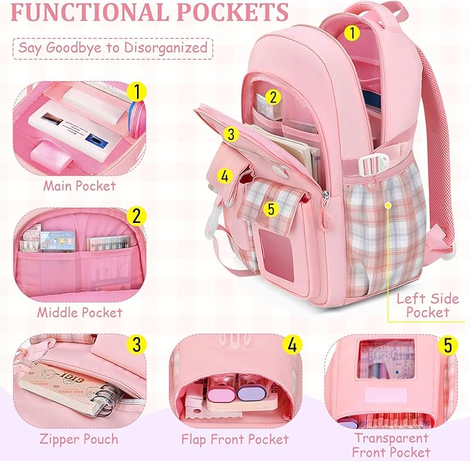 School Backpack for Girls - 5PCS Girls Backpack with Lunch Box Set for Elementary, Middle and High School Students - 18" Large Capacity School Bookbag with Multiple Pockets
