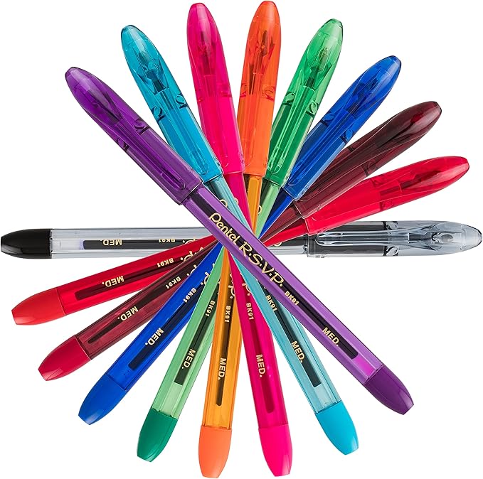 Pentel R.S.V.P. Ballpoint Pen, Medium Point, Assorted Ink Colors, 8 Pack (BK91CRBP8M)