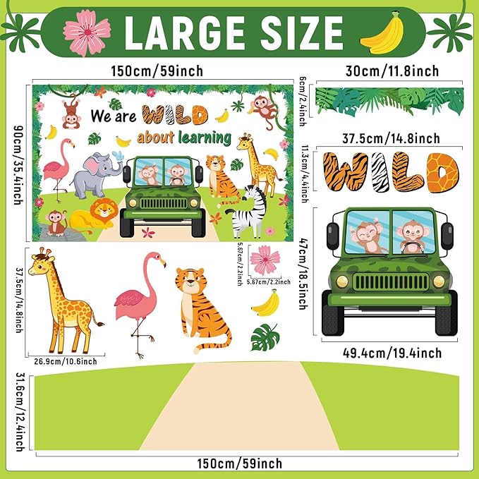 72PCS We Are Wild About Learning Bulletin Board Set Jungle Animals Truck Classroom Decoration Wild Monkey Elephant Safari Paper Cutouts for Teacher Summer Back to School Chalkboard Wall Decor Supplies
