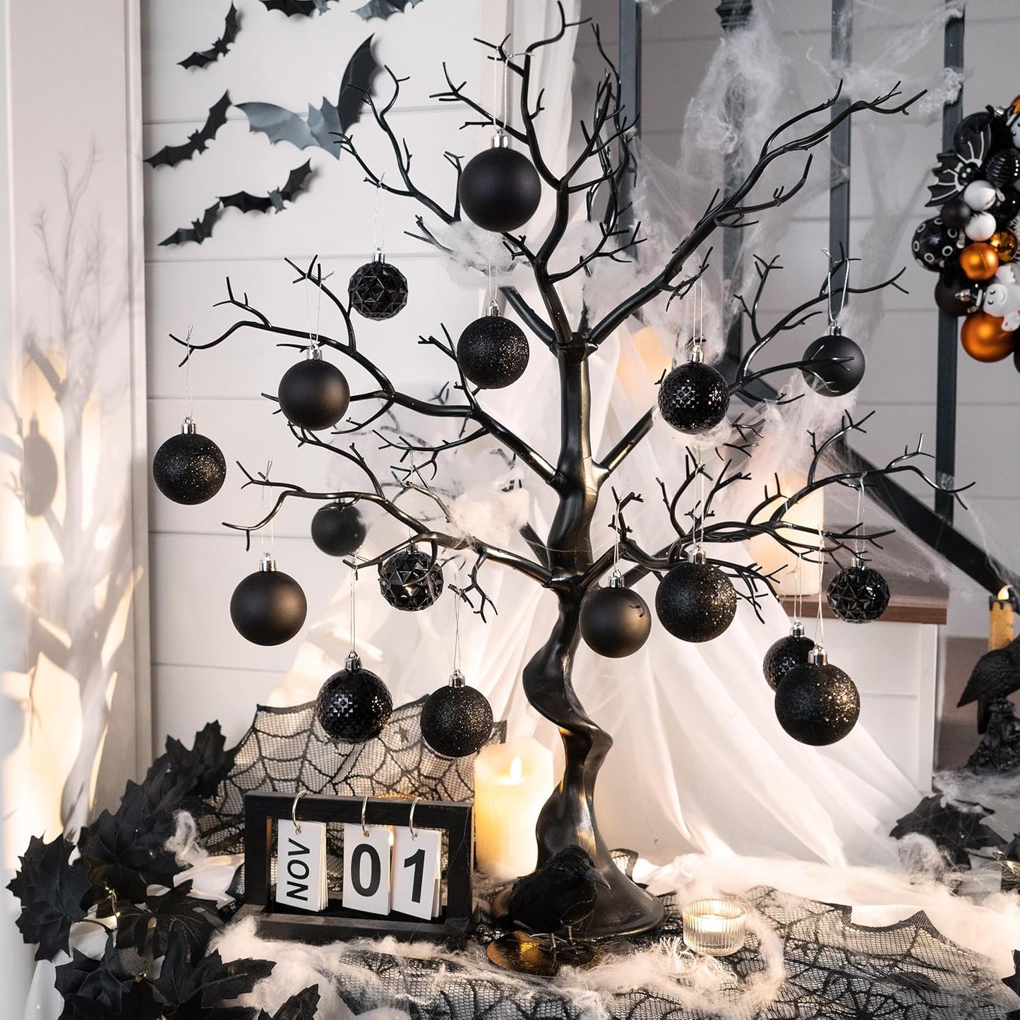 Valery Madelyn Christmas Tree Decorations Ornament Set for Fall Halloween, 50ct 2.36 Inches Black Shatterproof Christmas Ball Ornaments Hanging Xmas Holiday Party Decor
