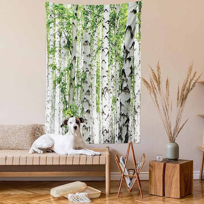 Ambesonne Woodland Tapestry Twin Size, Birch Trees in The Forest Summertime Wildlife Nature Outdoors Themed Picture, Wall Hanging Bedspread Bed Cover Wall Decor, Twin Size, White Green
