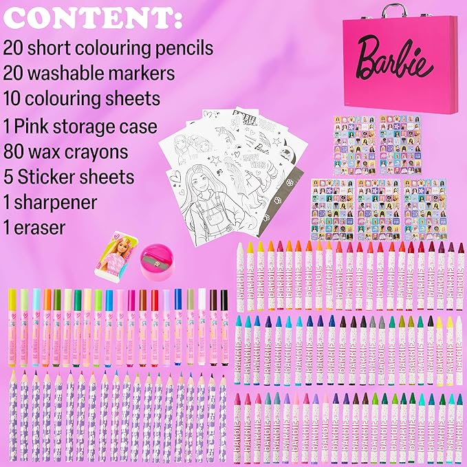 Barbie Colored Pencils Art Supplies Kids Set 130+ Pcs Coloring Markers Girls Drawing Pencils Supplies Travel Case with Crayons Felt Tips Arts and Crafts for Kids 4-12