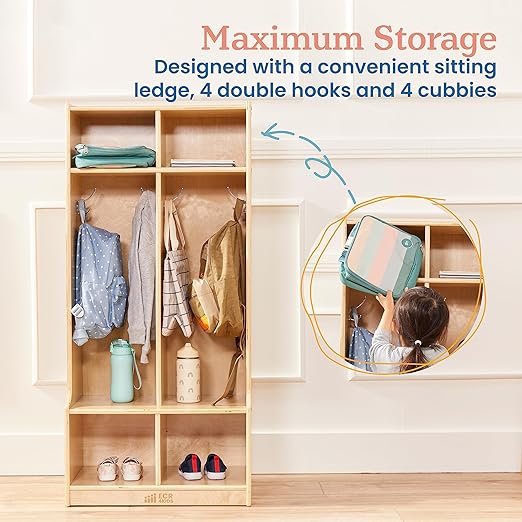 ECR4Kids 2-Section Coat Locker with Bench and Cubby Storage, Classroom Furniture, Natural