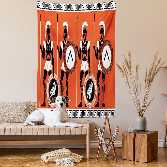 Ambesonne Retro Tapestry Twin Size, Historical in Greece Theme Cultures, Wall Hanging Bedspread Bed Cover Wall Decor, 68" X 88", Orange Black White