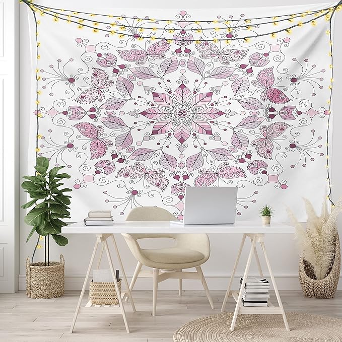 Ambesonne Mandala Tapestry King Size, Lacy Inspired Pastel Floral Motif with Butterfly and Lotus Branches Design, Wall Hanging Bedspread Bed Cover Wall Decor, 104" X 88", White Pale Pink