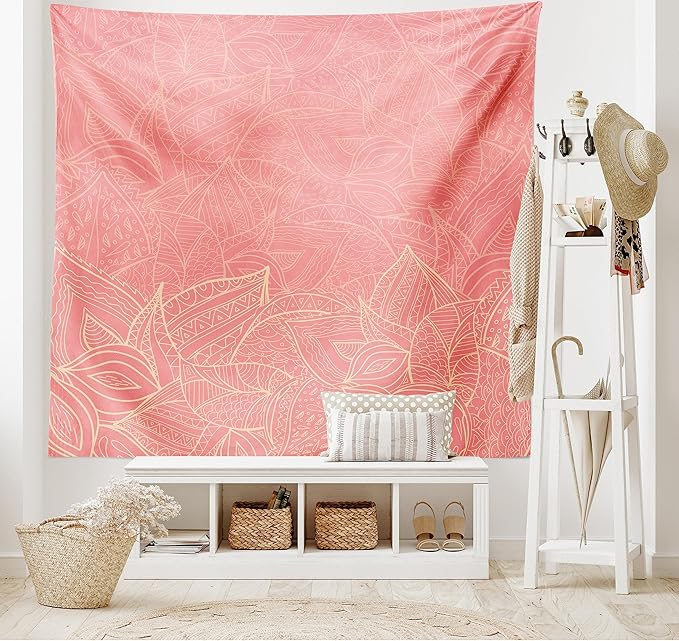 Ambesonne Floral Tapestry, Pastel Toned Nature Inspired Leaf Background Botany Themed Illustration, Fabric Wall Hanging Decor for Bedroom Living Room Dorm, 28" X 23", Peach Coral