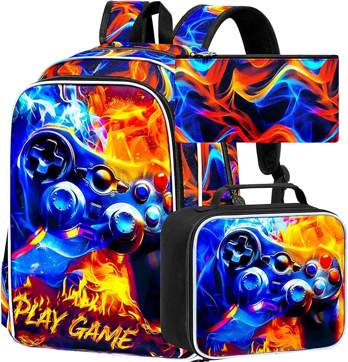 KLFVB 3PCS Bookbag for Boys, 17" Boys Game Backpack and Lunch Box, Water Resistant Teenagers Backpacks for Middle Elementary - Flame Game