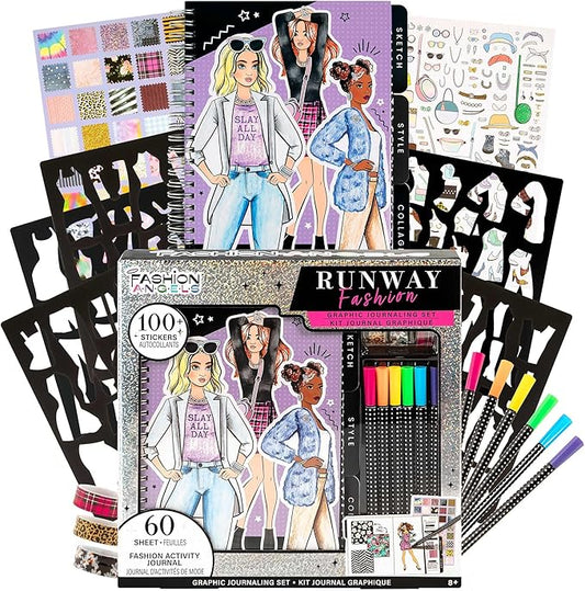 Fashion Angels Runway Fashion Graphic Journaling Set - Fashion Design Activity Journal with Markers, Stencils & Stickers - Teaches Basic Fashion Design - Beginners Fashion Sketch Pad for Kids 8 & Up