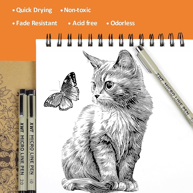 Micro Fineliner Pens 9 Size/Set, Ultra Fine Fineliner, Soft Nib, Brush Marker, Water-based Black Pigment Ink, Drawing Journaling Doodle Supplies for Artists, Designers, Students
