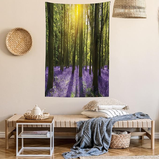 Ambesonne Woodland Tapestry, Sunbeams in the Forest of Bluebells Blooms Deep in Woodland Oxfordshire, Fabric Wall Hanging Decor for Bedroom Living Room Dorm, 30" X 45", Violet Green Yellow