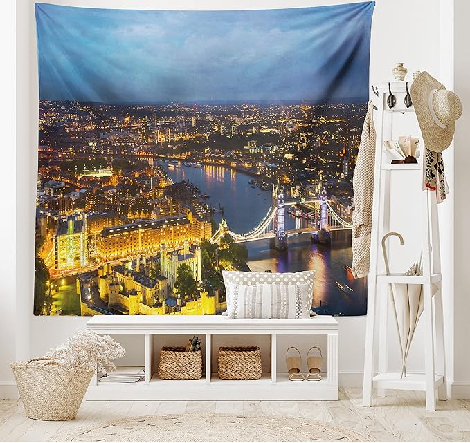 Ambesonne Modern Tapestry Twin Size, Sunset at London England Cityscape Night Time and Tower Bridge Landmark Urban, Wall Hanging Bedspread Bed Cover Wall Decor, Twin Size, Yellow Bluegrey