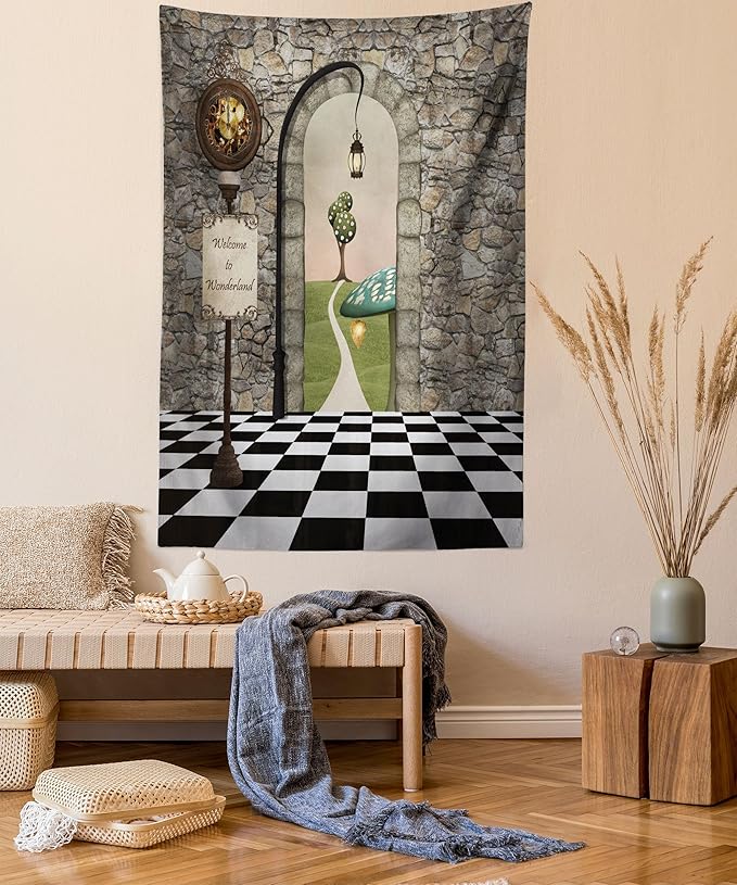 Ambesonne Alice in Wonderland Tapestry, Welcome Wonderland Black and White Floor Landscape Mushroom Print, Wall Hanging for Bedroom Living Room Dorm Decor, 40" X 60", Stone Black