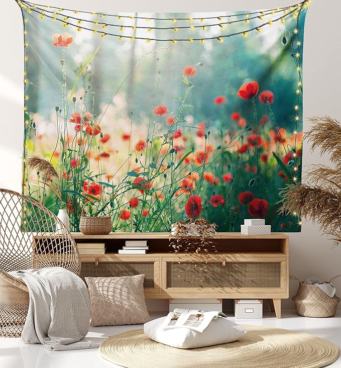 Ambesonne Nature Tapestry, Wild Red Poppy Flowers Field Summertime Sunbeams Gardening Bedding Plants, Fabric Wall Hanging Decor for Bedroom Living Room Dorm, 23" X 28", Red Green Yellow